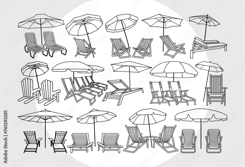 Fototapeta premium Beach Chairs With Umbrella SVG Bundle, Chairs Silhouette, Beach Chairs Svg, Umbrella Svg,