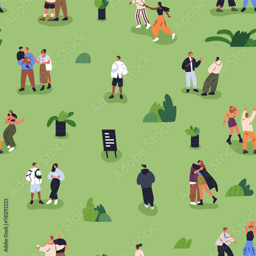 Tiny people in summer park, seamless pattern design. Open-air festival, holiday event, outdoor weekend, endless background. Rest outside in nature, repeating print, texture. Flat vector illustration