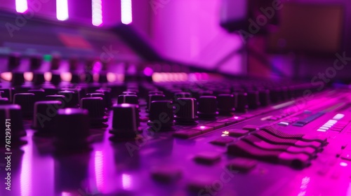 Audio mixing console. Contemporary control desk in a music recording studio illuminated with neon colors for music and sound recording