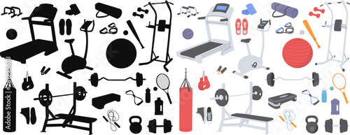 set of sports equipment, everything for sports, exercise equipment, dumbbells on a white background, vector