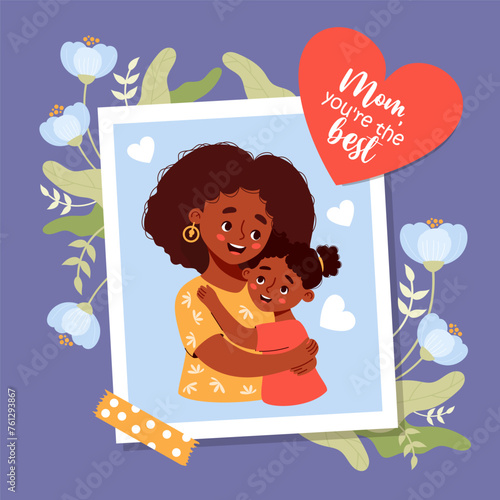 Cute photograph from happy ethnic black woman mother with her daughter with flowers. Mother's holiday confession and congratulations. Vector illustration in flat style