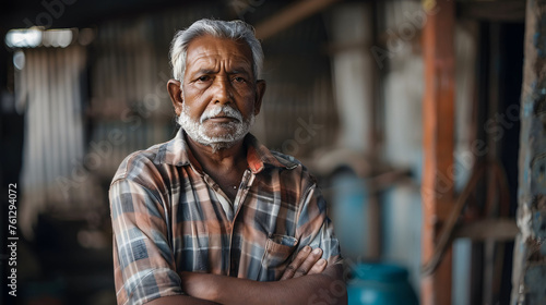 An old Indian man standing confidently with his arms crossed in a warehouse.