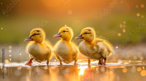 Adorable ducklings joyfully exploring the tranquil waterside of a shimmering pond