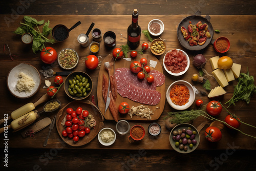 Italian various food on wooden table