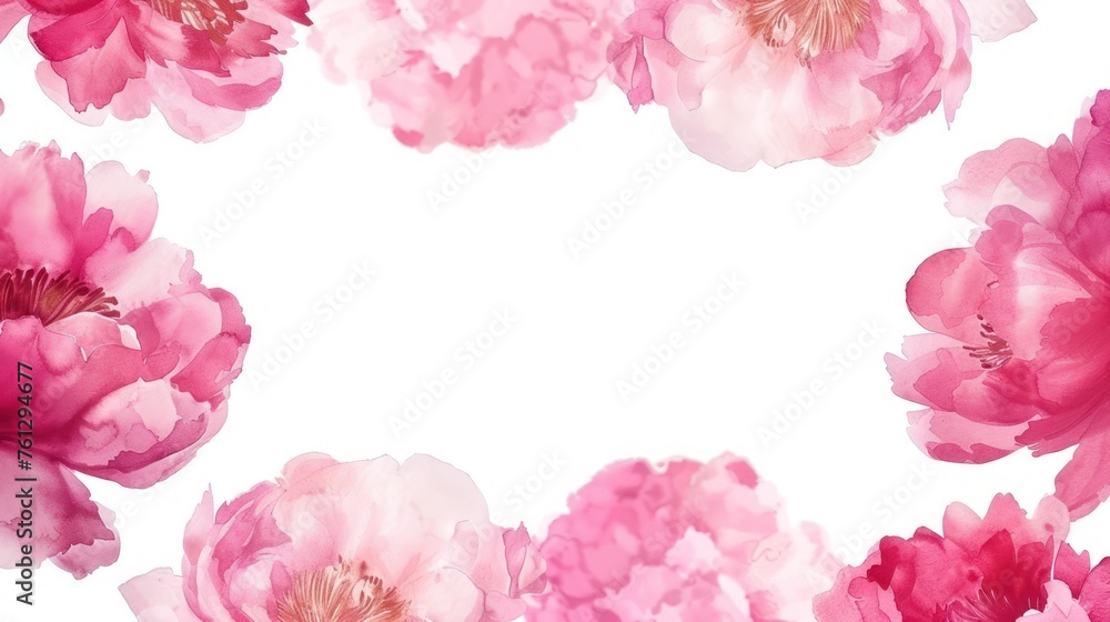 Illustration round frame of pink peonies in watercolor style copy space background. AI generated