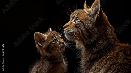 Geoffroy s cat and kitten portrait with empty space for text and object on right side photo