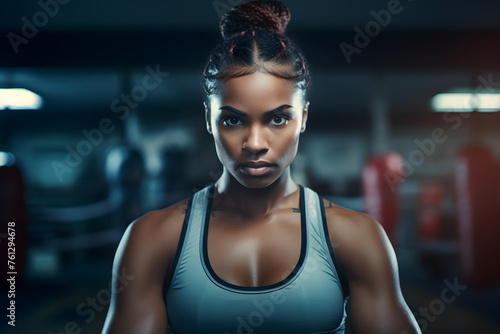 Close up of black skin sporty woman with braids looking at the camera