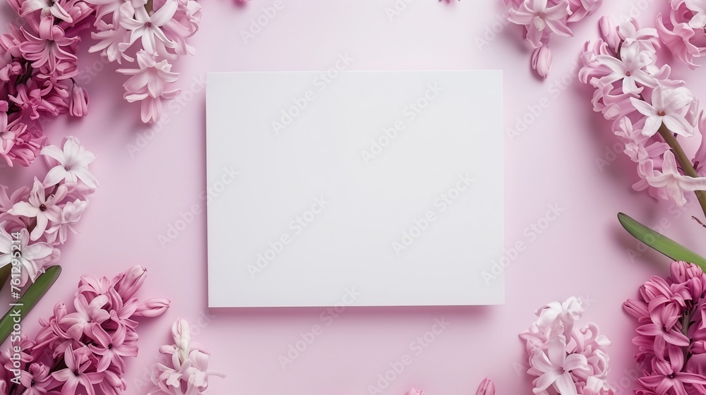 Blank white board and hyacinth flower for greeting text message Blank white board and hyacinth flower for greeting text message