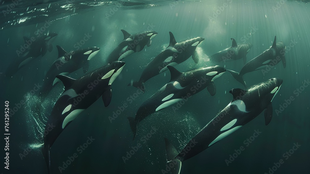 Pod of Orcas Swimming Gracefully Underwater,A pod of orcas, also known as killer whales, glides through the ocean's depths with rays of light illuminating their path.

 - obrazy, fototapety, plakaty 