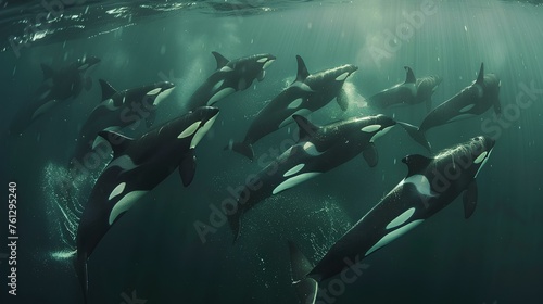 Pod of Orcas Swimming Gracefully Underwater,A pod of orcas, also known as killer whales, glides through the ocean's depths with rays of light illuminating their path.