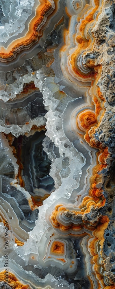 Fototapeta premium A close-up of intricate mineral formations revealing hidden patterns The camera angle is overhead, capturing the mesmerizing details Photography, Overcast lighting,