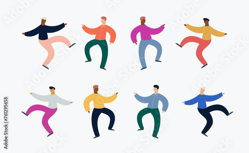 Male characters. A group of happy dancing people. Cartoon flat vector illustration of dancing people