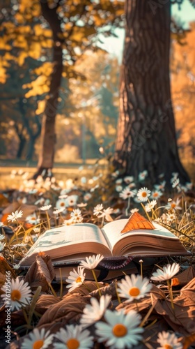 An open book lies on the ground, surrounded by fallen leaves and daisies