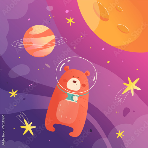 Space. Cute cartoon bear with a camera in space