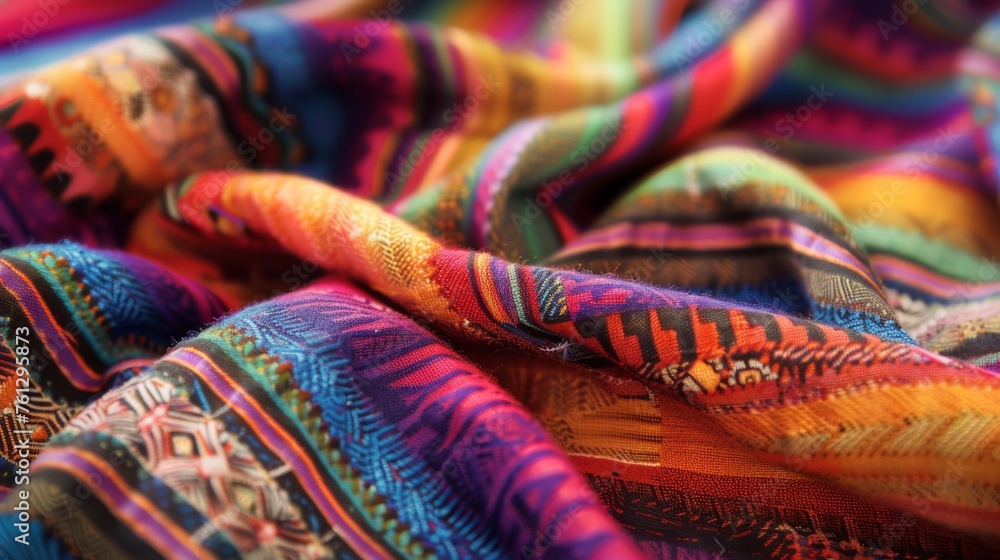 Traditional Mexican textile design featuring vibrant colors and intricate ornamental folds - obrazy, fototapety, plakaty 
