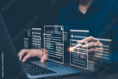 Concept Tax form of US IRS 1040 with TAX and refund tax of duty taxation business, graphs, and chart being demonstrated on the screen media, US Individual income tax, tax expenditures