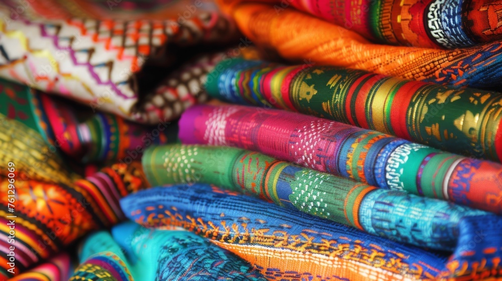 Traditional Mexican textile design featuring vibrant colors and intricate ornamental folds