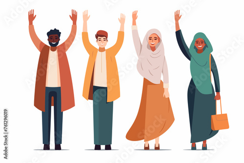 Group of happy people standing together, waving and inviting new customer, colleague. Concept of happy multiethnic team welcome newcomer. Flat vector cartoon illustration isolated on white