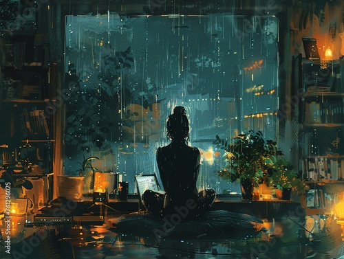 Inside a cozy living room, a writer listens intently to a rainstorm soundtrack