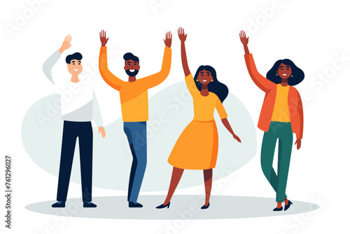 Group of happy people standing together, waving and inviting new customer, colleague. Concept of happy multiethnic team welcome newcomer. Flat vector cartoon illustration isolated on white