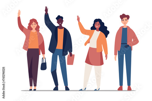 Group of happy people standing together, waving and inviting new customer, colleague. Concept of happy multiethnic team welcome newcomer. Flat vector cartoon illustration isolated on white