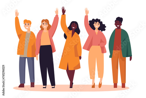 Group of happy people standing together, waving and inviting new customer, colleague. Concept of happy multiethnic team welcome newcomer. Flat vector cartoon illustration isolated on white