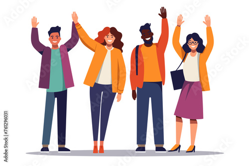 Group of happy people standing together, waving and inviting new customer, colleague. Concept of happy multiethnic team welcome newcomer. Flat vector cartoon illustration isolated on white