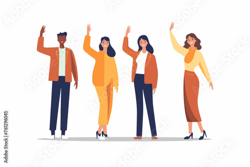 Group of happy people standing together, waving and inviting new customer, colleague. Concept of happy multiethnic team welcome newcomer. Flat vector cartoon illustration isolated on white