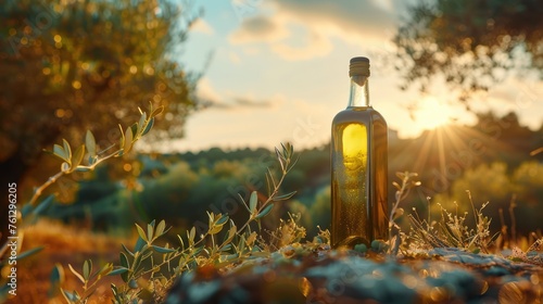 A transparent bottle of olive oil, inscribed in a landscape with an olive tree. Art photography, pastel colors, copy space