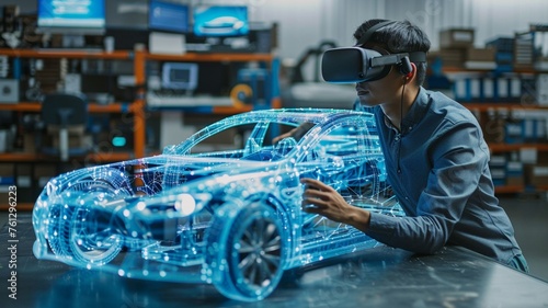 Automotive industry 4.0 concept. Automotive engineer working with virtual hologram of a car in the factory.