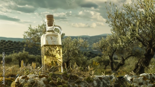 A transparent bottle of olive oil, inscribed in a landscape with an olive tree. Art photography, pastel colors, copy space