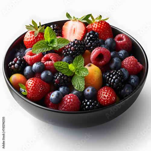 Black bowl of mixed fruits isolated on transparent PNG