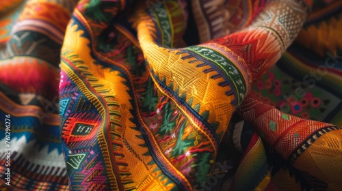 Traditional Mexican textile design featuring vibrant colors and intricate ornamental folds © Vladimir