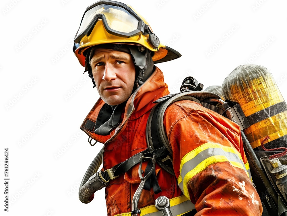 A fireman fighting fire, on isolated white background A fireman fighting fire, on isolated white background