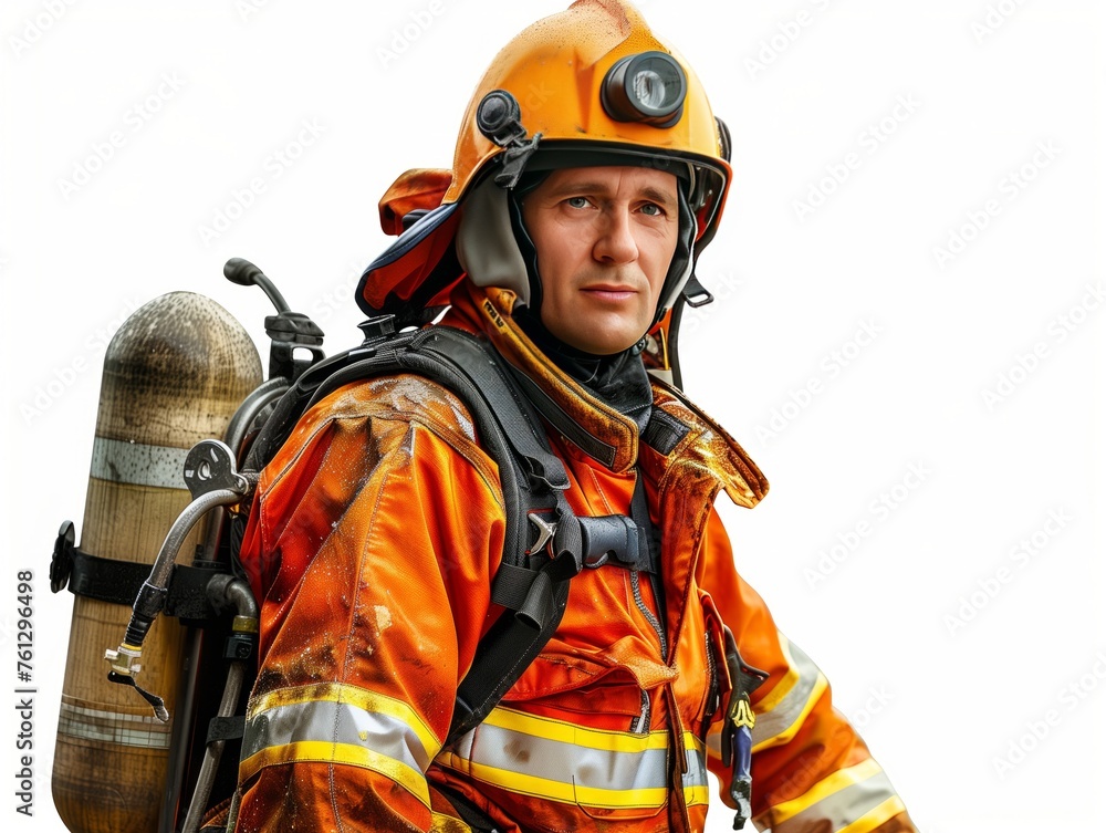 Fototapeta premium A fireman fighting fire, on isolated white background