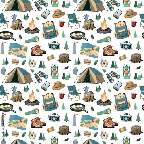 Forest camping and hiking equipment. Vector seamless pattern. Isolated on white background. Travel and adventure accessories.