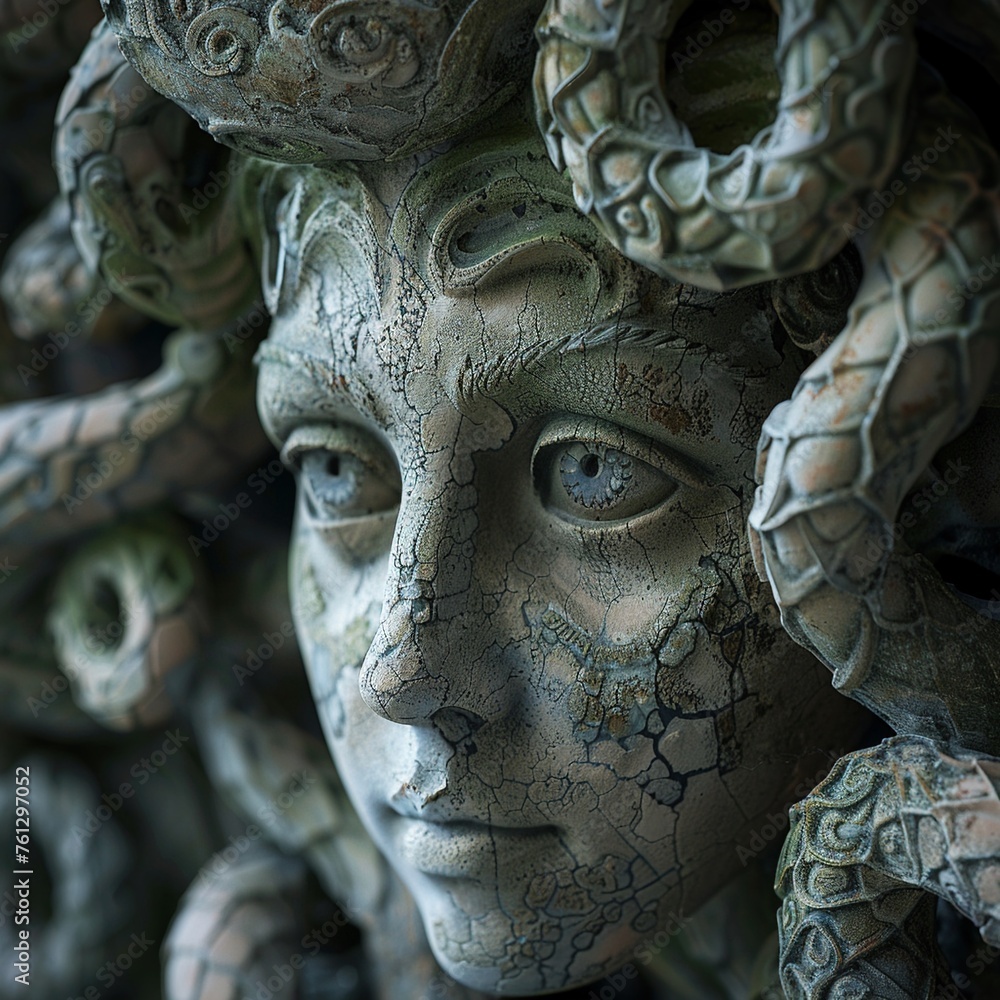 Fototapeta premium Medusa, with her piercing gaze turning creatures into stone, lurking in a dark cave filled with intricate stone statues