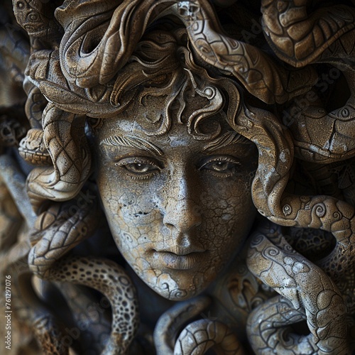 Medusa, with her piercing gaze turning creatures into stone, lurking in a dark cave filled with intricate stone statues