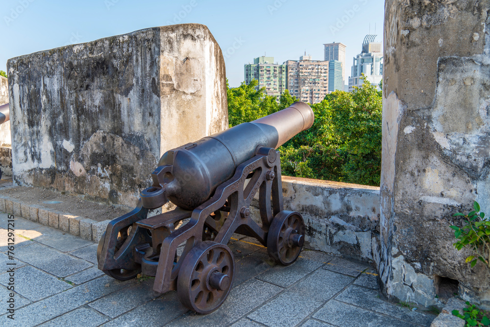 Old cannon with its barrel pointing towards the city on Monte Fortress (built between 1617-1626) on the tall Mount Hill,located directly east of the Ruins of St. Paul