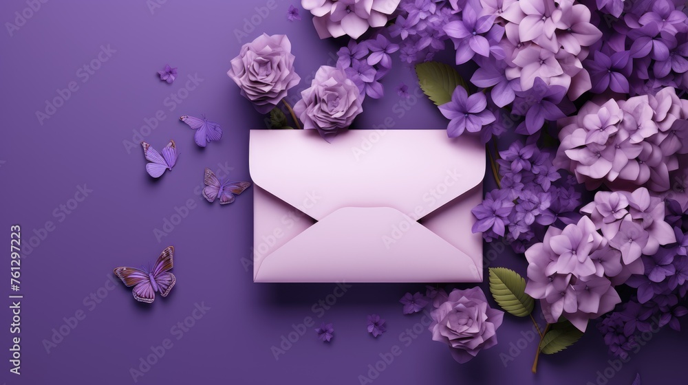 An envelope with a letter and spring flowers on a purple background. The idea of a holiday card for lovers. A congratulatory letter and a message.