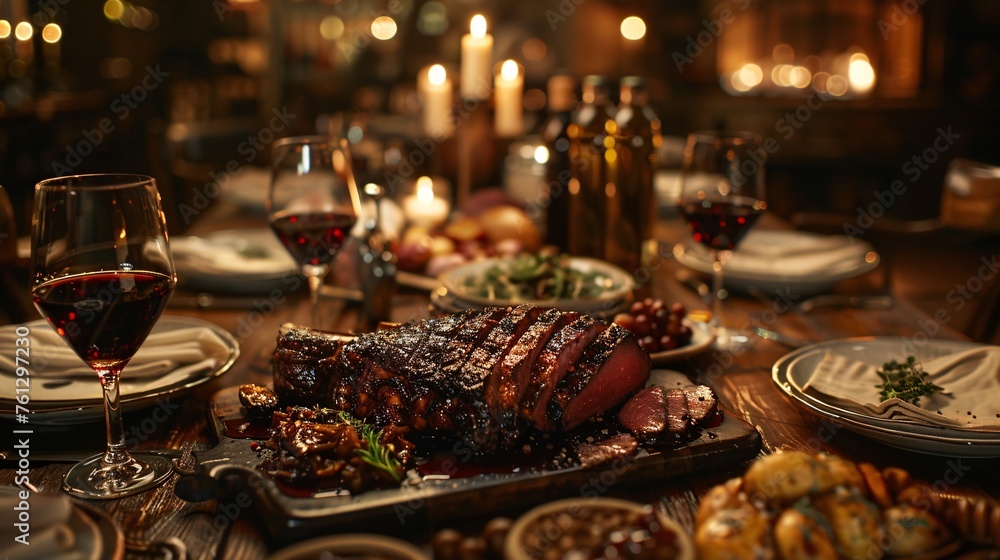 Fine meats on a luxurious table, beautiful dishes and glasses around, decorated under warm lighting, text copy space