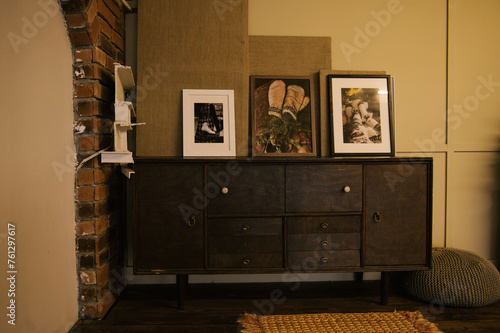 Interior design of a house with a vintage chest of drawers decorated for the new year