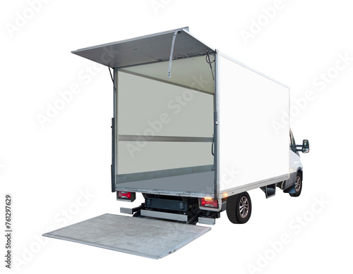 Empty white delivery truck with tailgate open isolated on white background.