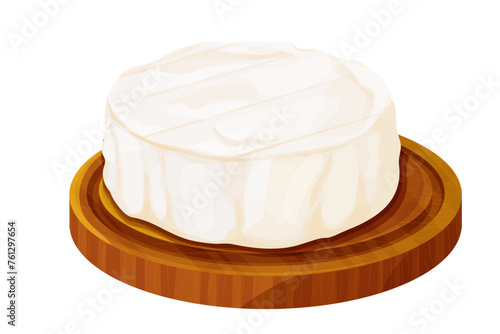 Camembert cheese, brie french soft creamy food on wooden tray isolated on white background. 
