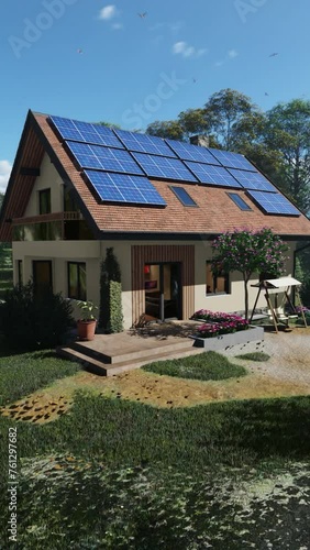 Wallpaper Mural Family around green house with solar panels and wind turbine, vertical video Torontodigital.ca