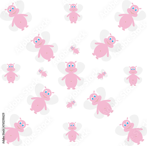Pink hippo fairies with wings. A set of cute hippos in cartoon style. Vector illustration