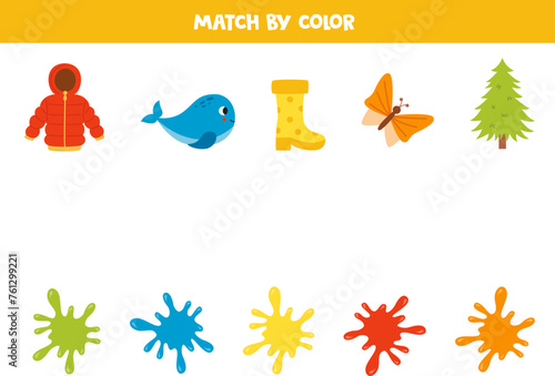 Color matching game for preschool kids. Match colorful items and blobs of paint by colors.