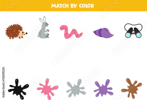 Color matching game for preschool kids. Match colorful items and blobs of paint by colors.
