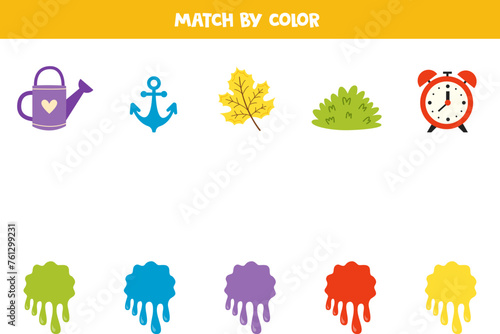 Color matching game for preschool kids. Match colorful items and blobs of paint by colors.