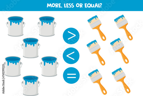 Grater, less or equal with cute cartoon paint cans and paint brushes.
